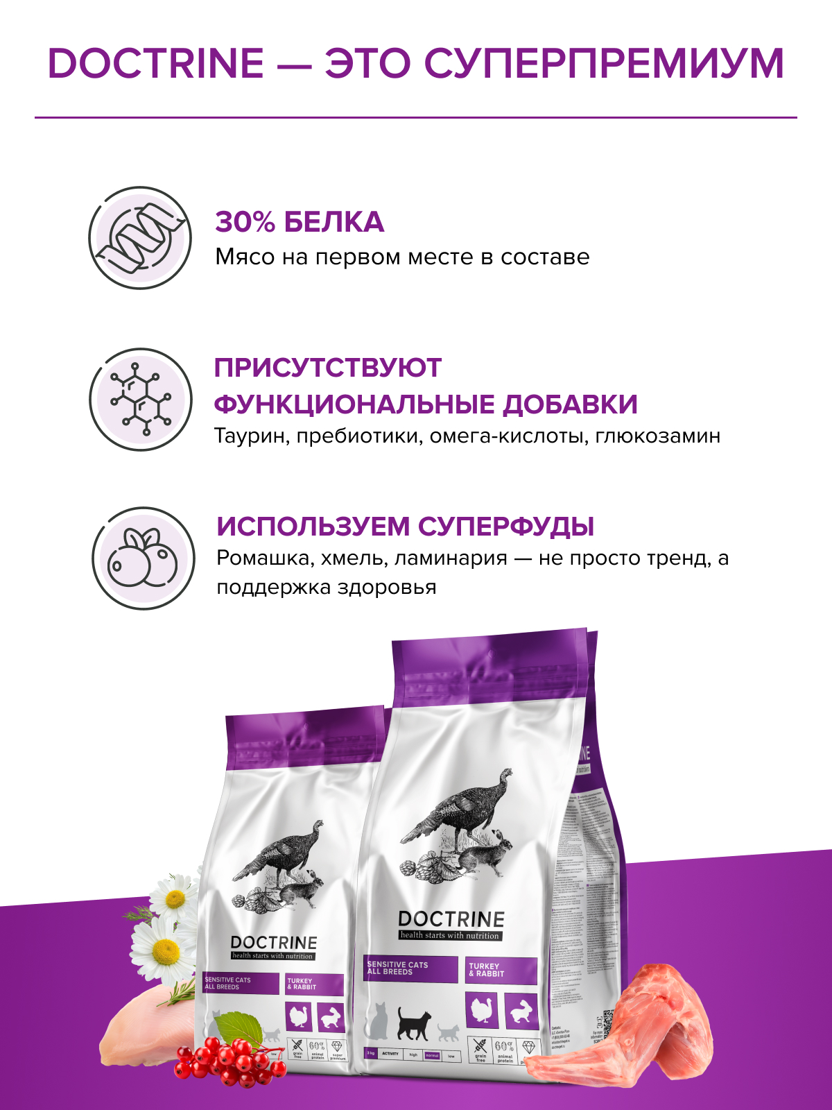 Корм для кошек DOCTRINE сухой для чувствительного пищеварения с индейкой и кроликом 10 кг - фото 8