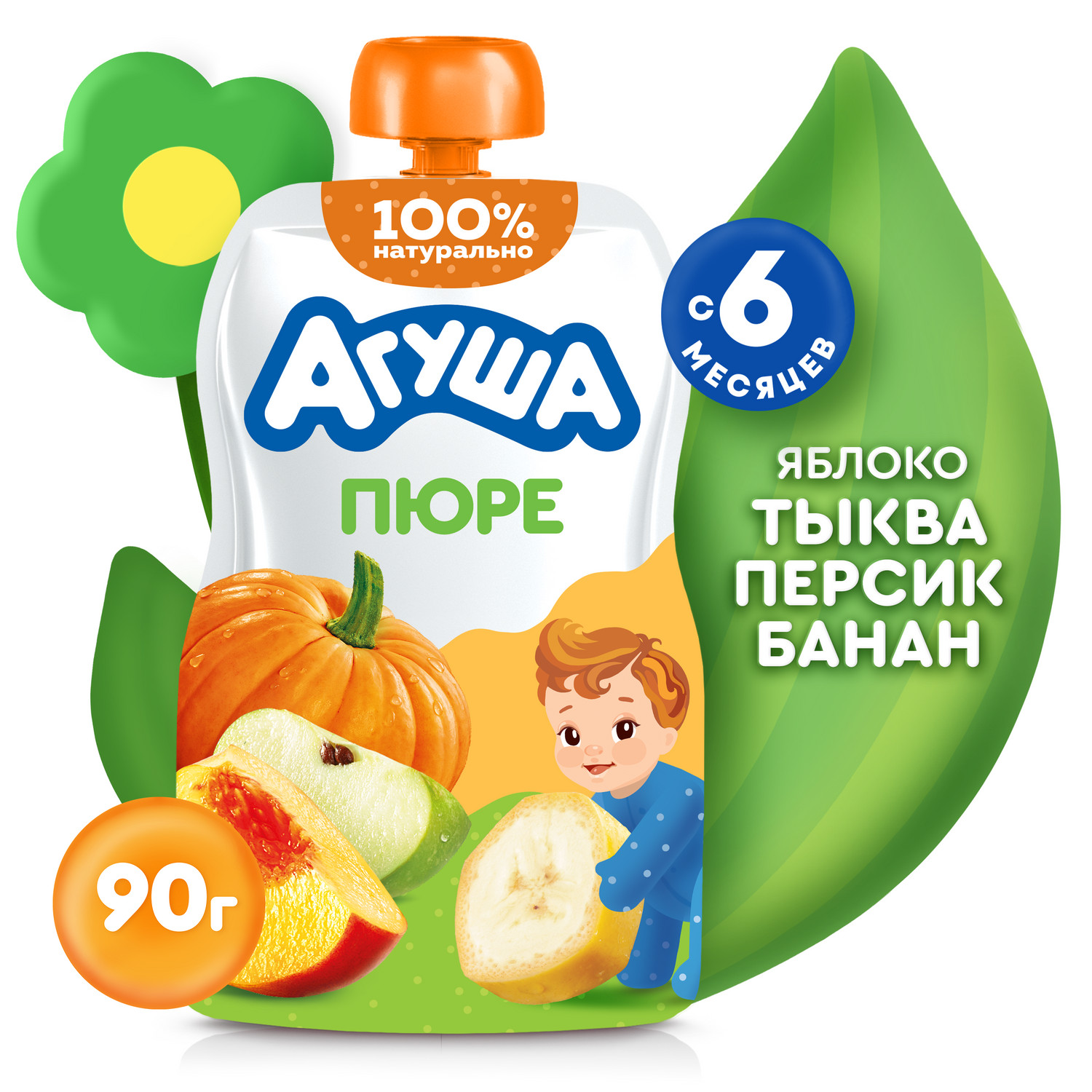 Пюре Агуша Яблоко-тыква-персик-банан с 6 мес 90 г - фото 1