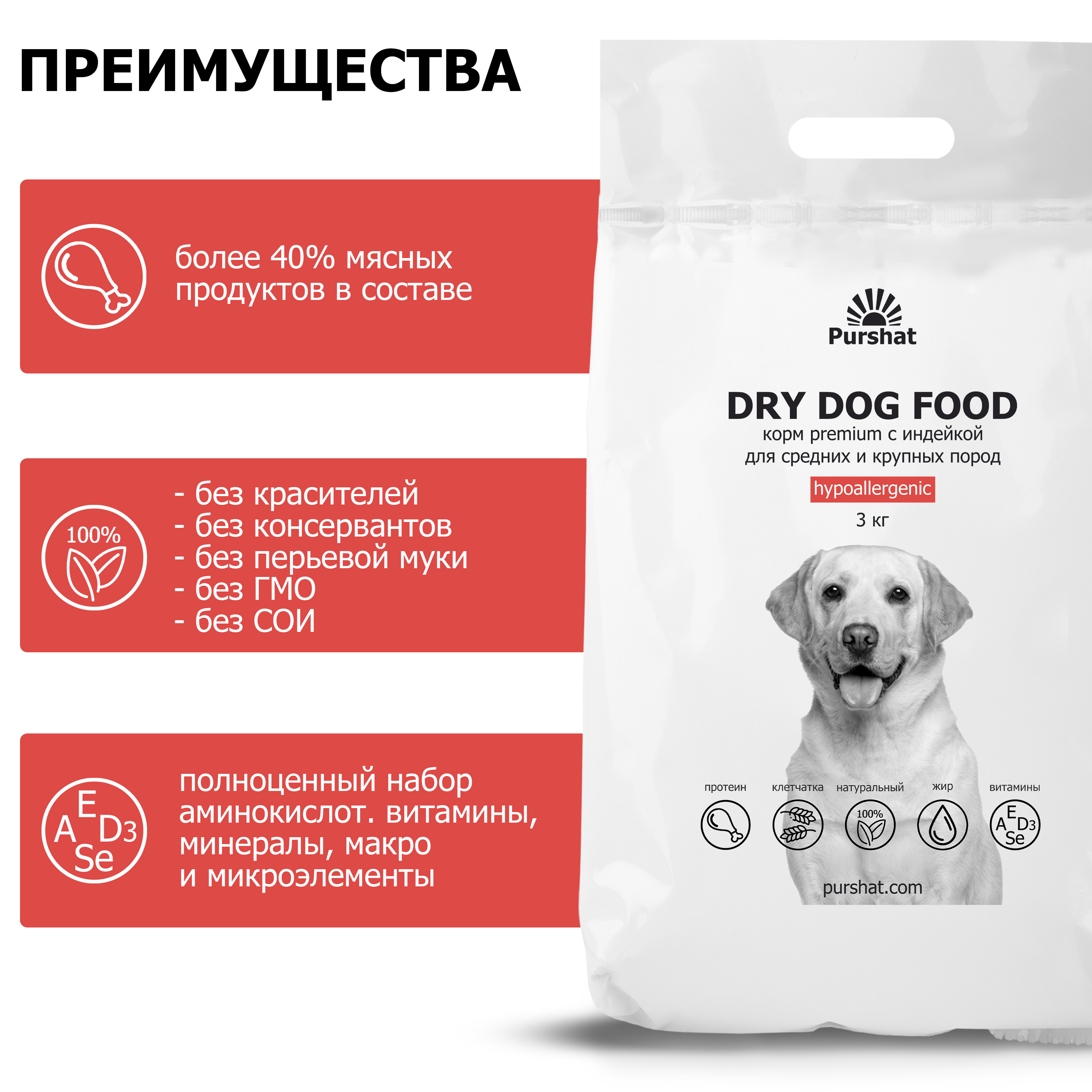 Корм для собак Purshat для средних и крупных пород гипоаллергенный с индейкой 3 кг - фото 4