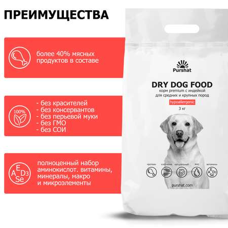 Корм для собак Purshat для средних и крупных пород гипоаллергенный с индейкой 3 кг