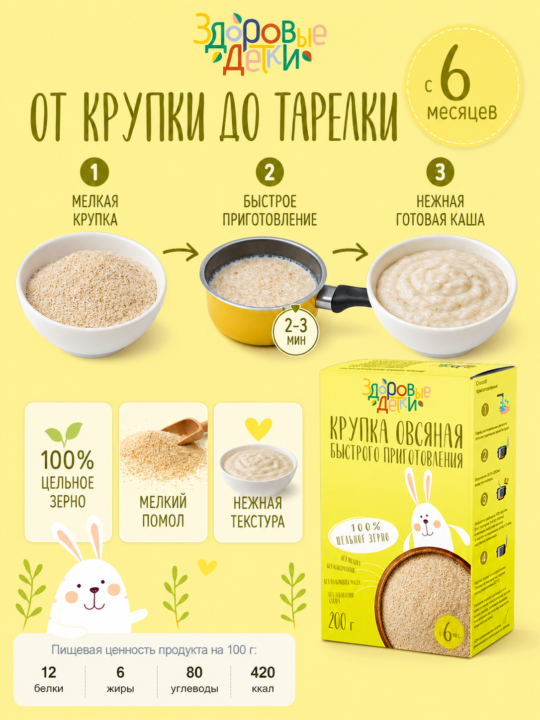 Кашка овсяная мелкого помола Здоровые детки безмолочная с 6 месяцев 200гр. - фото 3