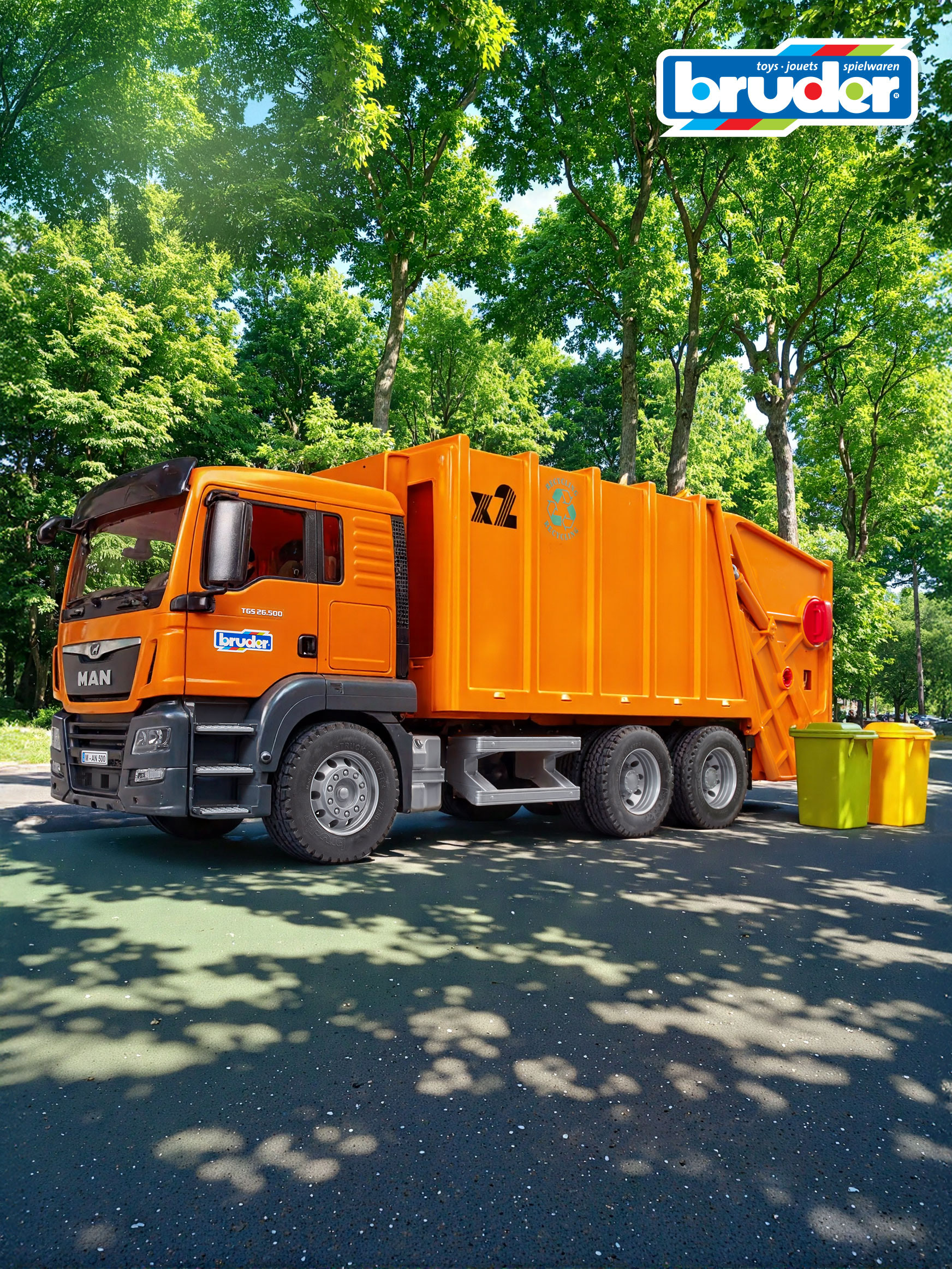 Мусоровоз Bruder MAN с баками (оранжевый) 03-760 - фото 1