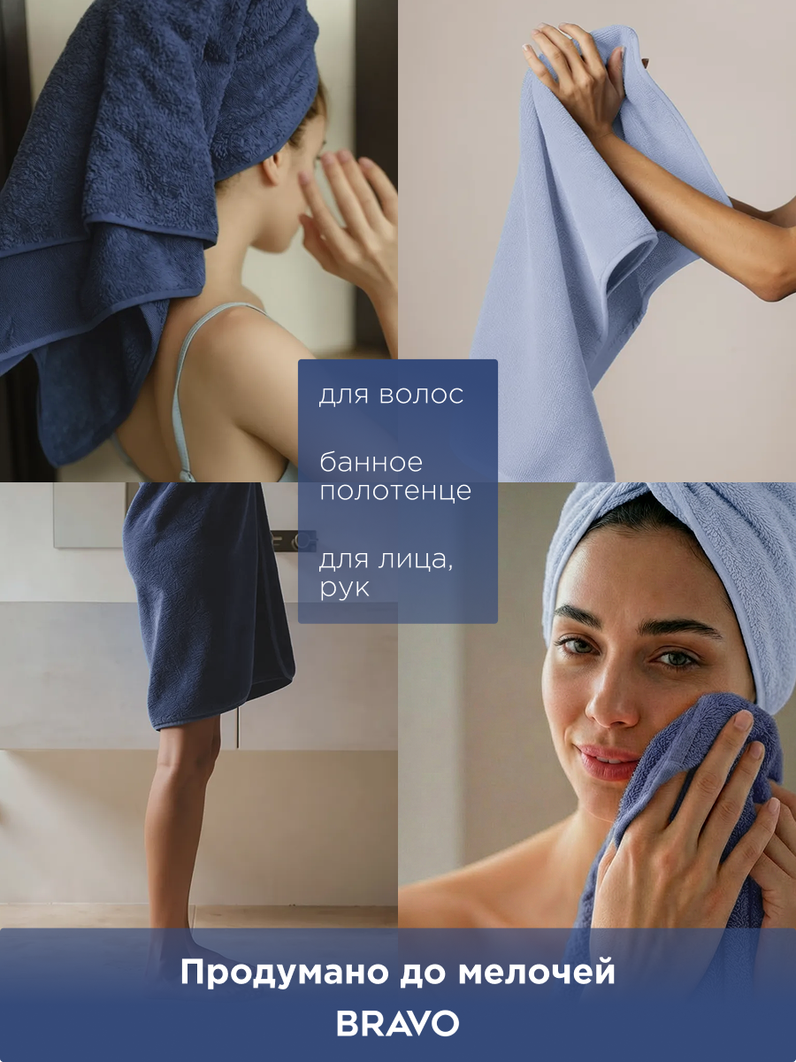 Полотенце BRAVO Сванк 35*75+50*90+70*140 синий 3 шт. - фото 3