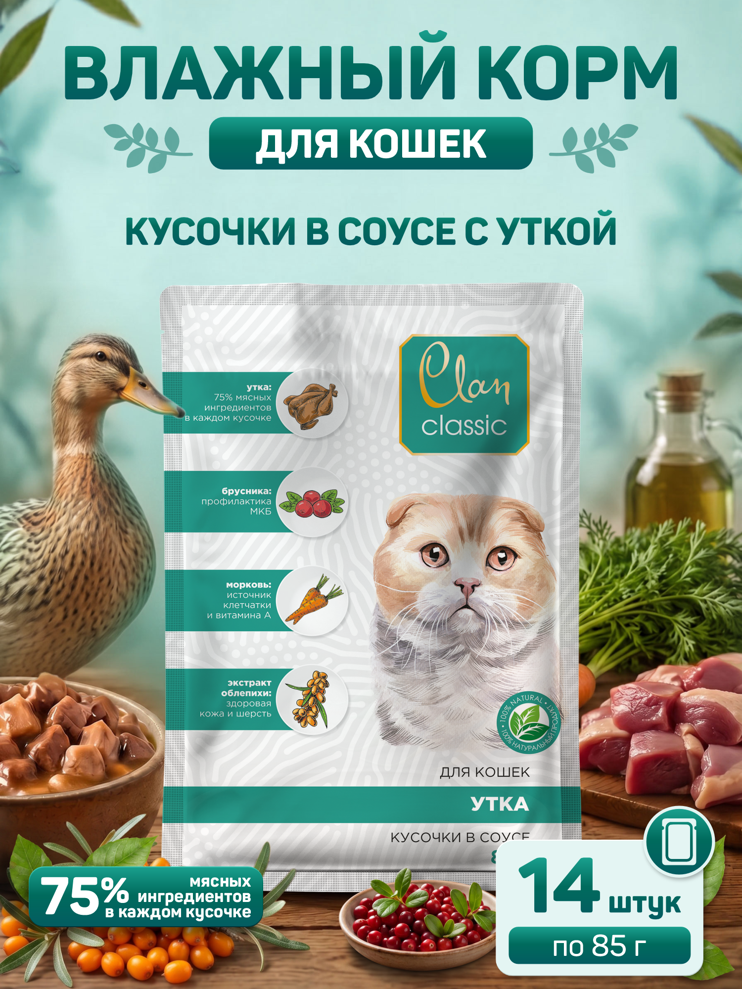 Корм для кошек влажный Clan Classic Кусочки в соусе с уткой пауч 85г 14 шт. - фото 1