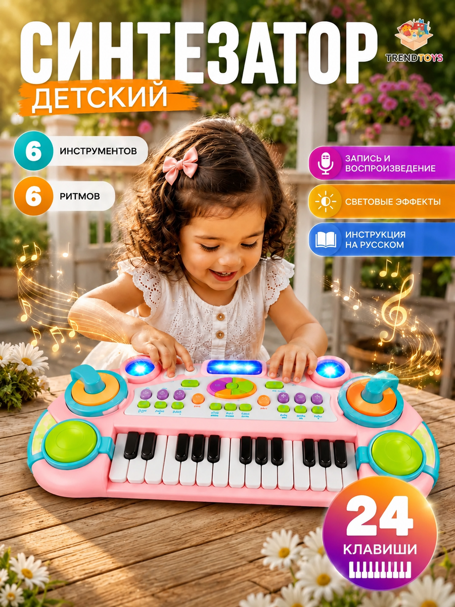 Изображение товара Детский музыкальный синтезатор TrendToys розовое пианино с 24 клавишами