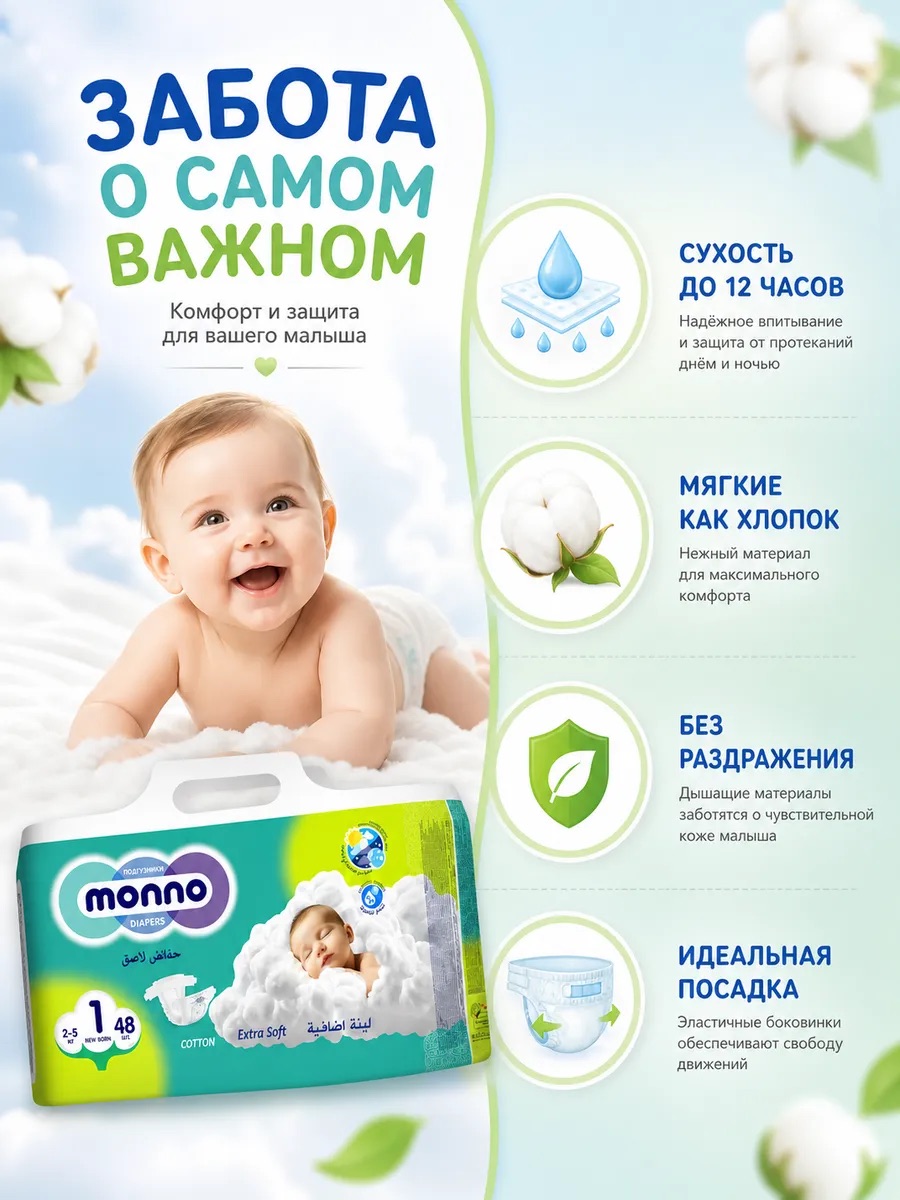 Подгузники Monno 1 (2-5 кг) 48 шт. - фото 3