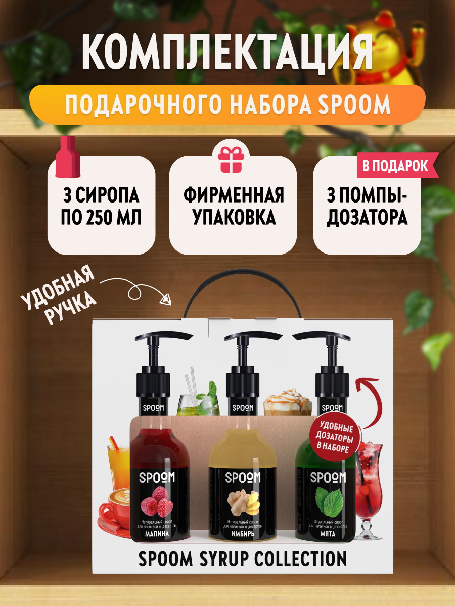 Набор сиропов SPOOM Имбирь Малина Мята для чая и коктейлей 3шт 250мл + 3 дозатора - фото 3