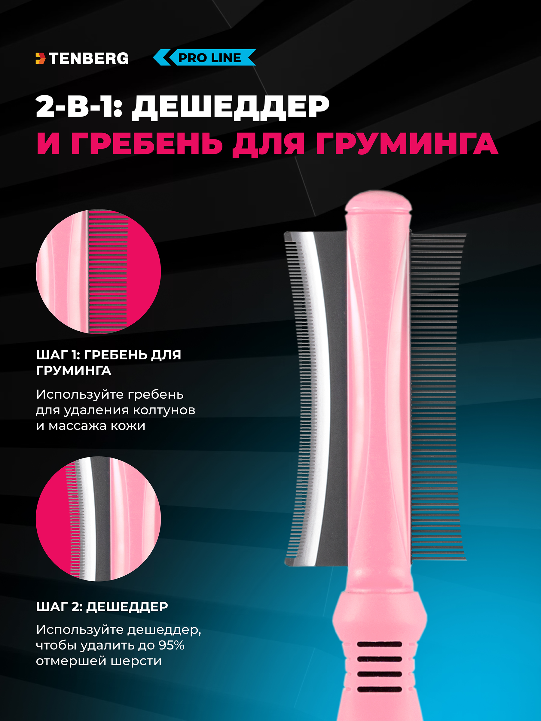 Дешеддер гребень 2-в-1 TENBERG Vertigo Pink - фото 2