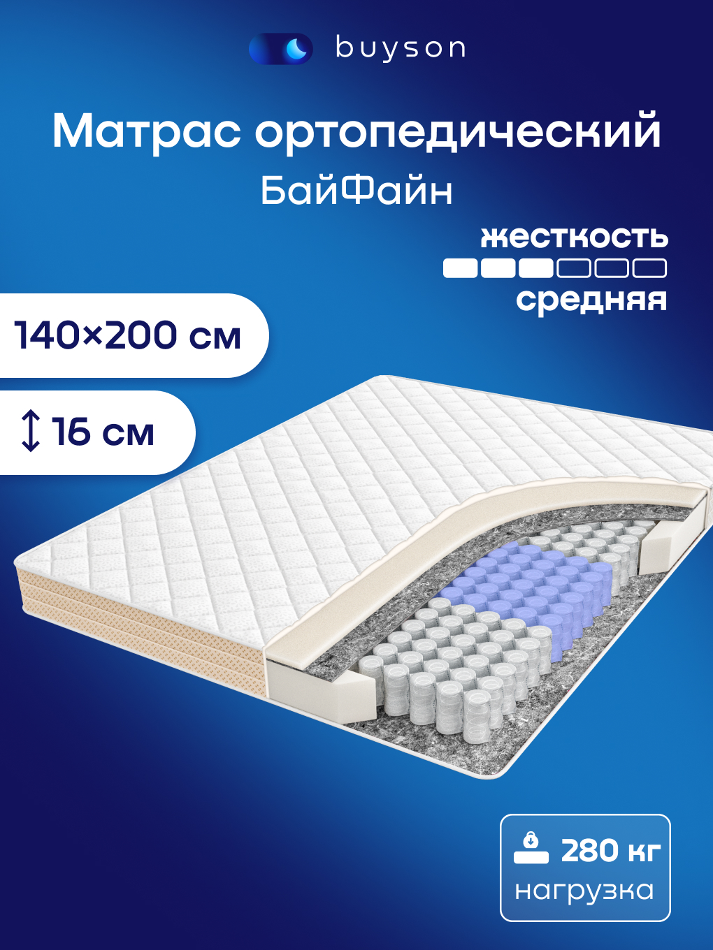 Изображение товара Матрас buyson buyFine 140x200, ортопедический с пружинами Pocket и пеной AirFoam