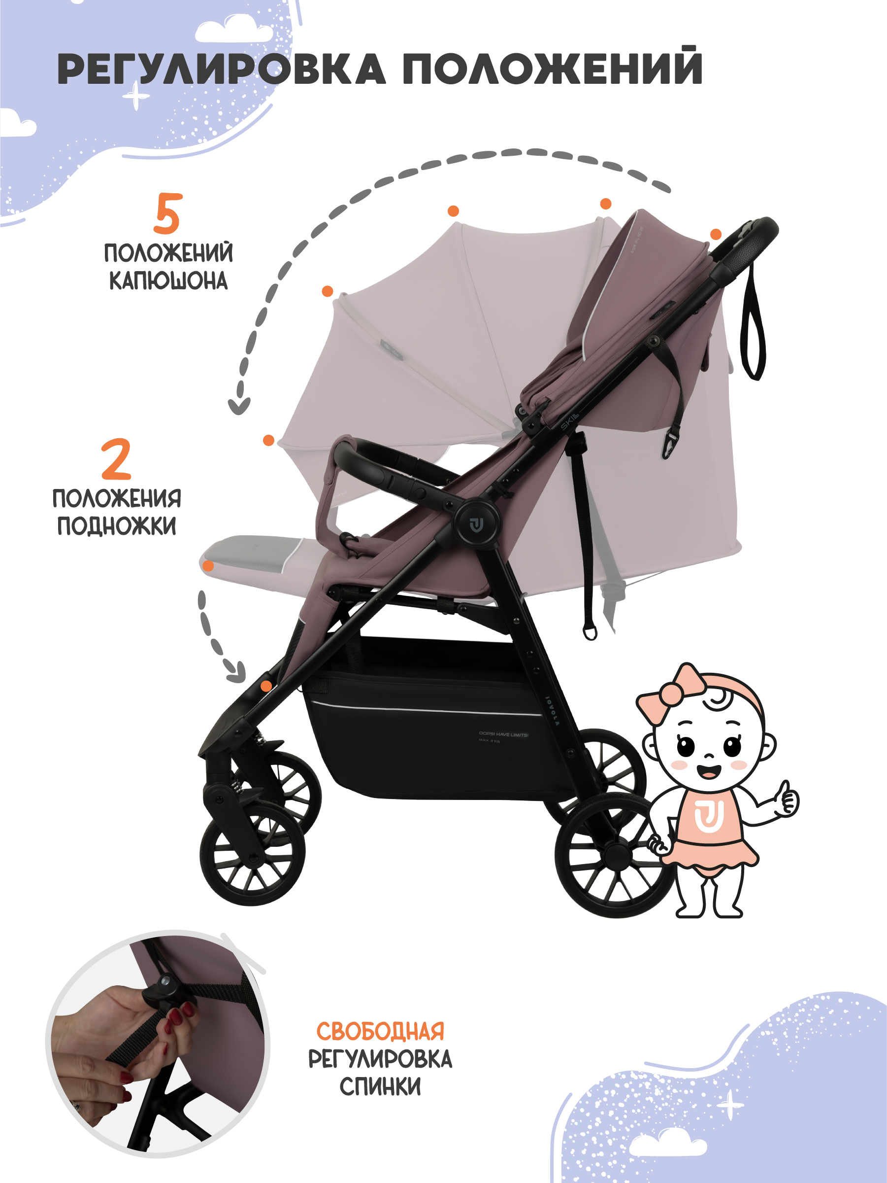 Коляска прогулочная JOVOLA Skill розовый - фото 5