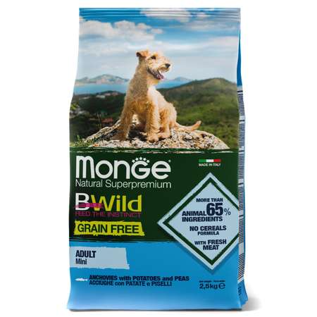 Корм для собак MONGE BWild Grain free Mini мелких пород из анчоуса с картофелем и горохом 2.5кг