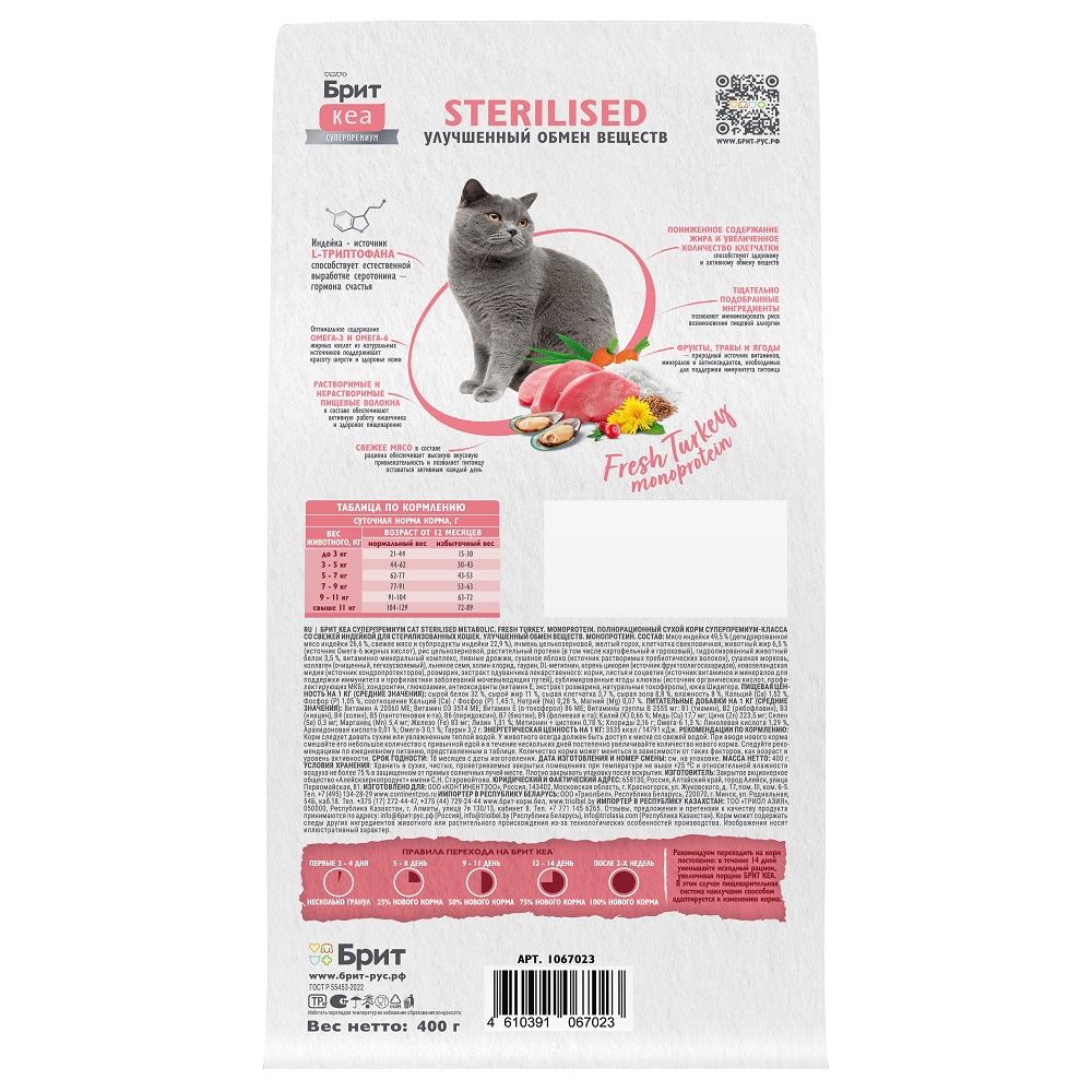 Сухой корм для стерилизованных кошек Brit Care с индейкой 0.4кг - фото 4