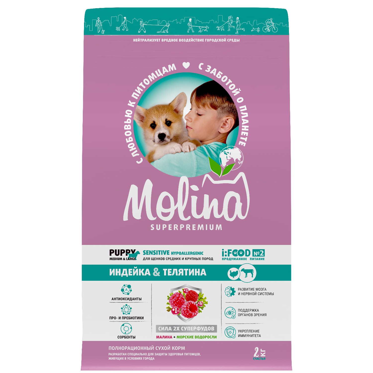 Корм для щенков средних и крупных пород Molina сухой с индейкой и телятиной 2кг - фото 1