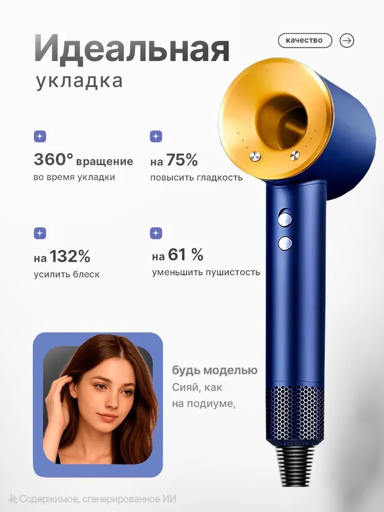 Фен с 5 магнитными насадками CASTLELADY с ионизацией 1600 BT шнур 1,8 метра синий - фото 2