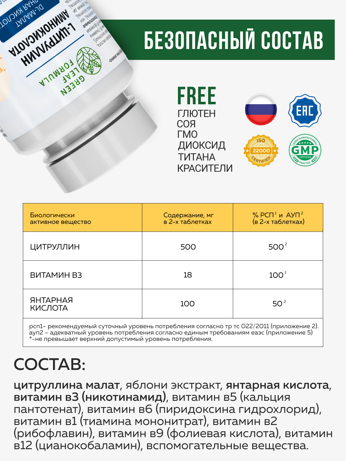L-цитруллин аминокислота Green Leaf Formula янтарная кислота витамины группы В - фото 3