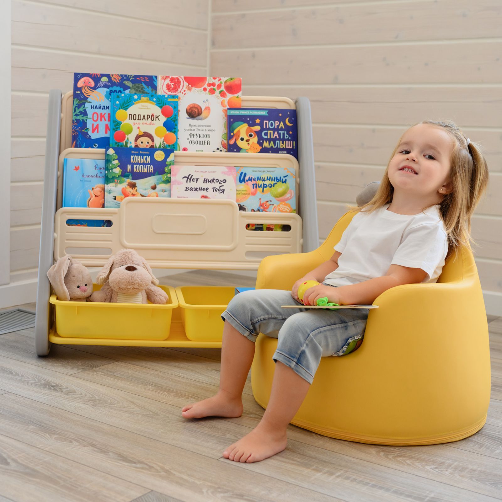 Стеллаж для книг UNIX Kids Yellow для хранения игрушек детский из пластика 2 полки + 2 ящика - фото 8