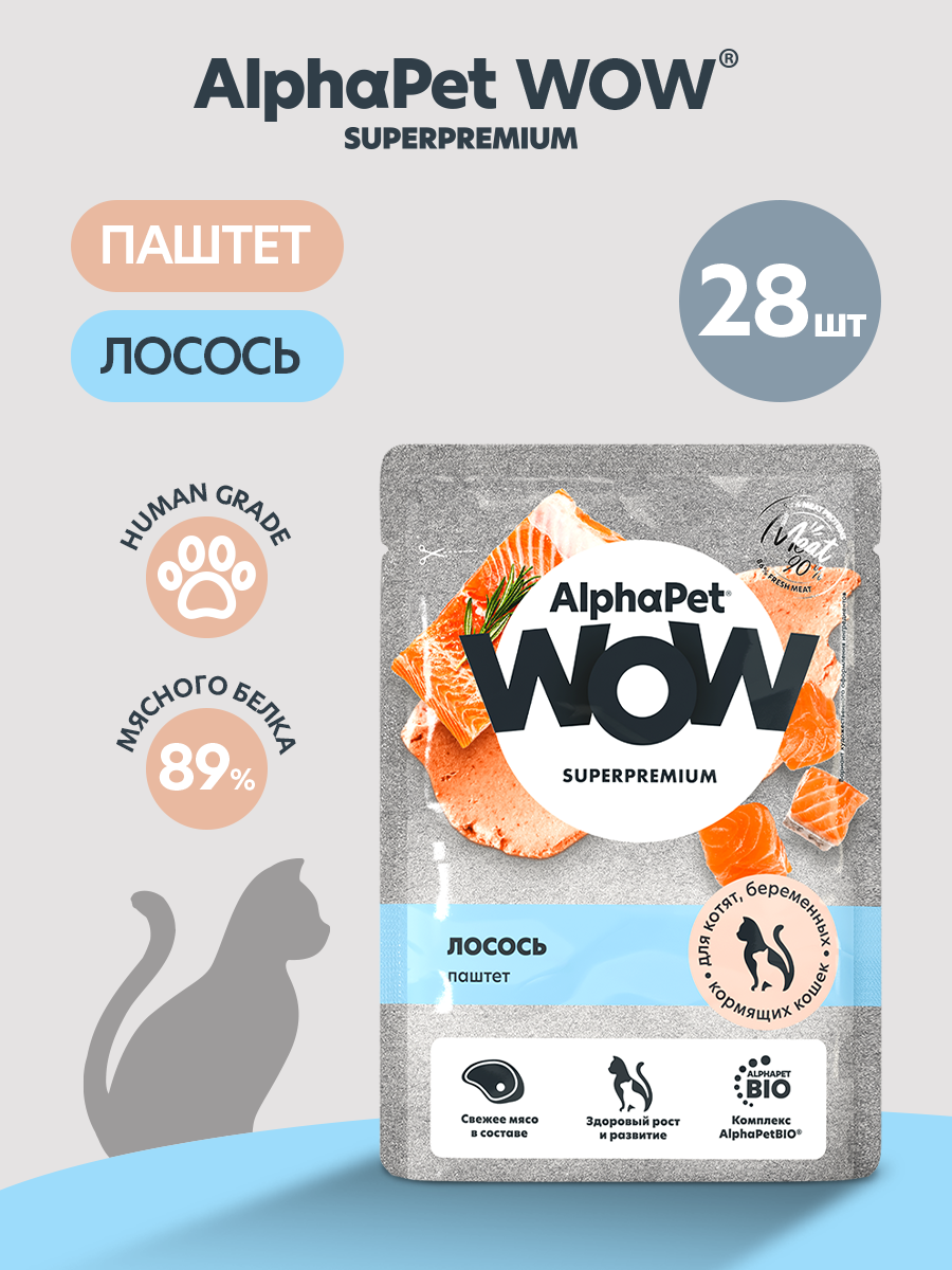 Пауч 28 шт Влажный полнорационный корм AlphaPet для котят, беременных и кормящих кошек паштет с лососем 85 г - фото 1