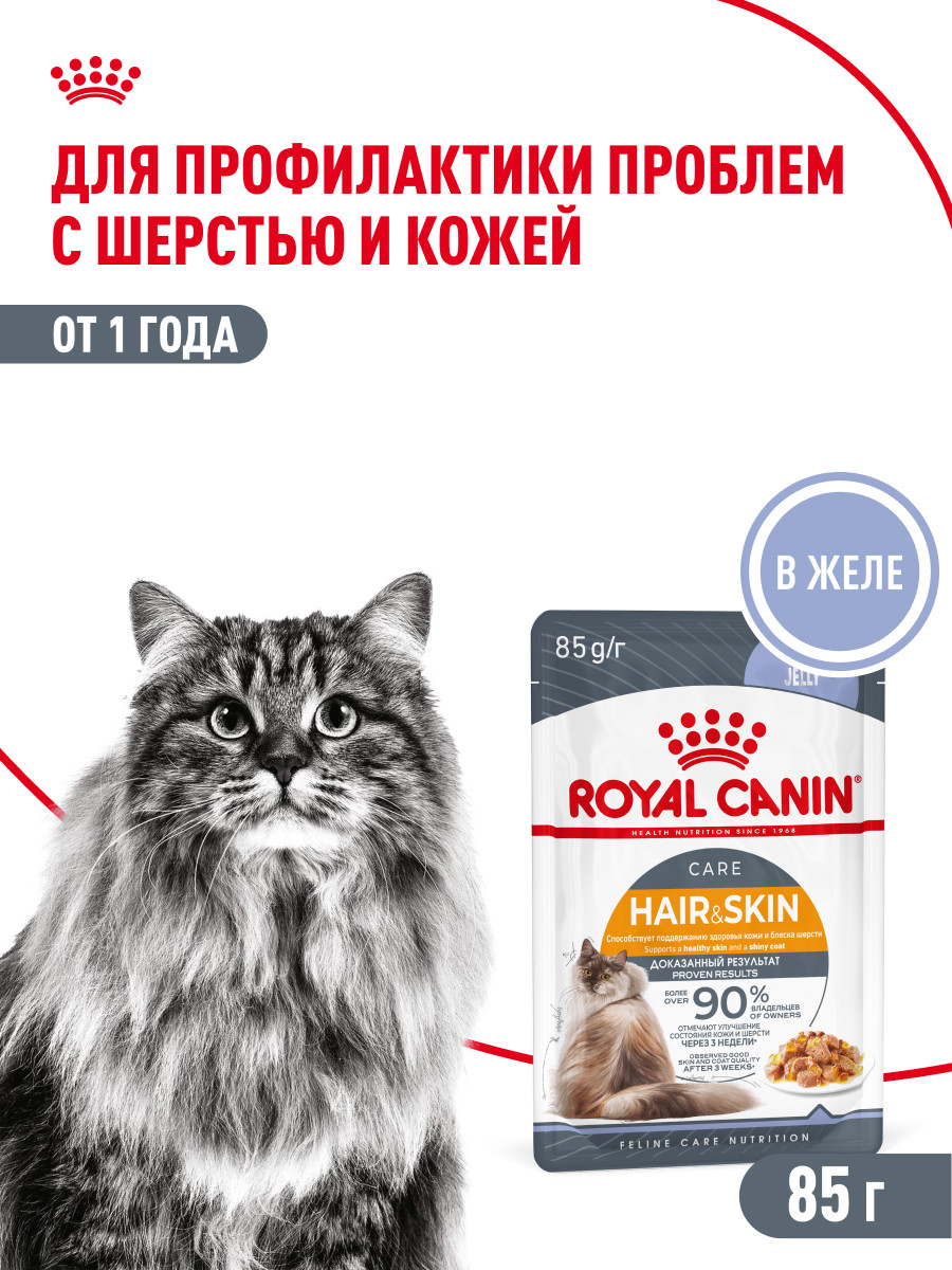 Корм для кошек Royal Canin 85г Hair and skin для поддержания здоровья кожи и красоты шерсти тонкие ломтики в желе - фото 1