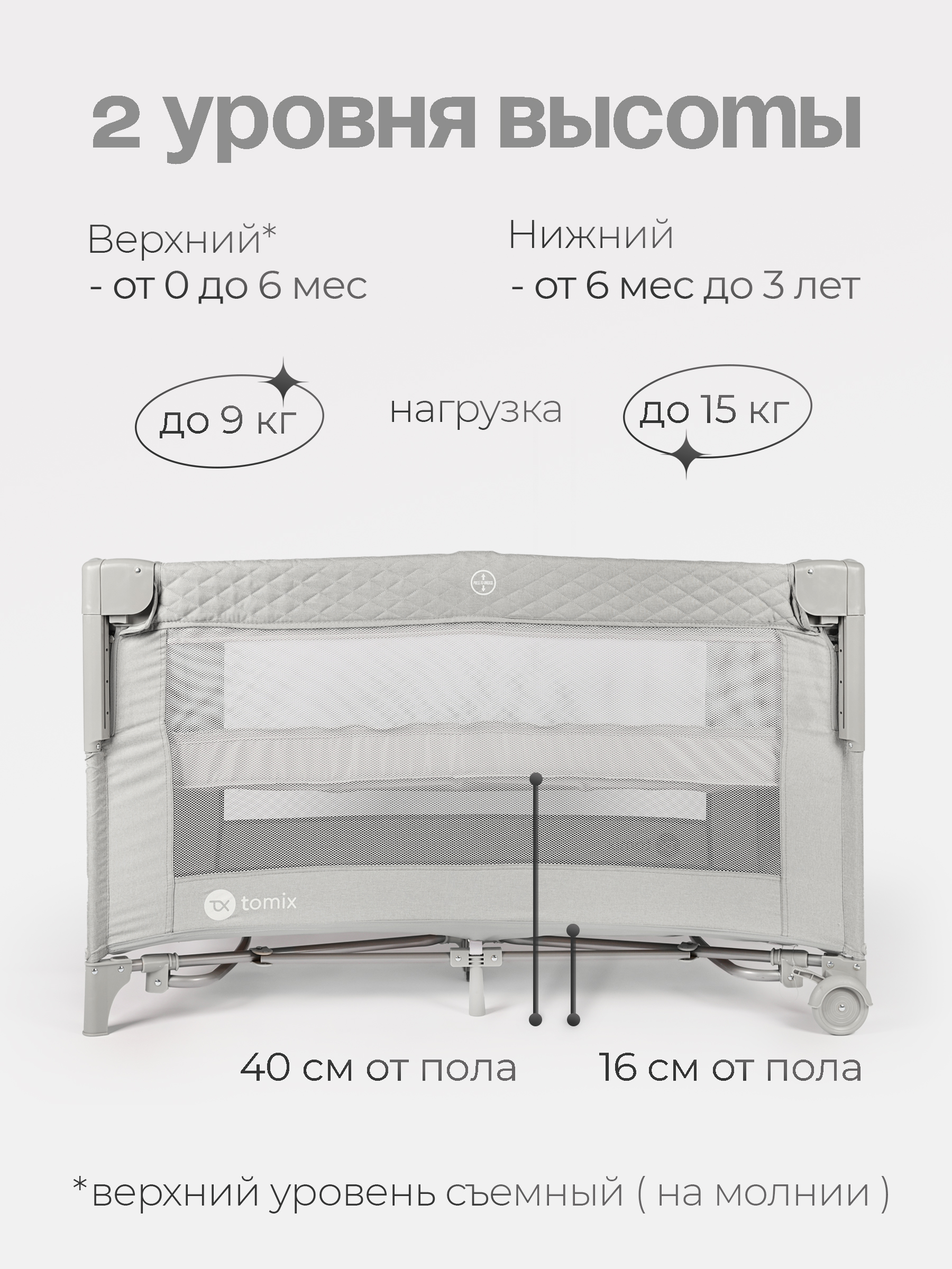 Манеж кровать детский Tomix Born Plus P9070PLUS/Grey - фото 3