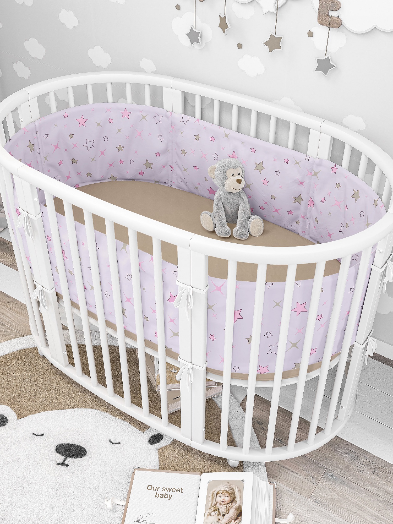 Бортики в кроватку Lemony kids Estrella 2 части по 180 см розовый со звездами - фото 1