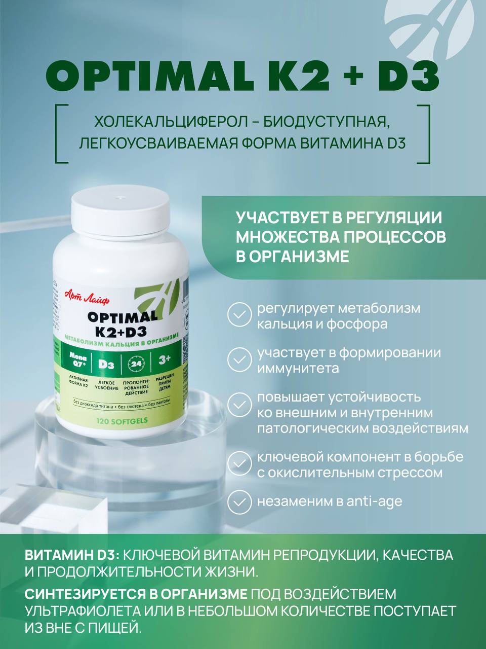 Art Life Optimal K2+D3, 120 капсул. Арт Лайф Для укрепления иммунитета. - фото 6