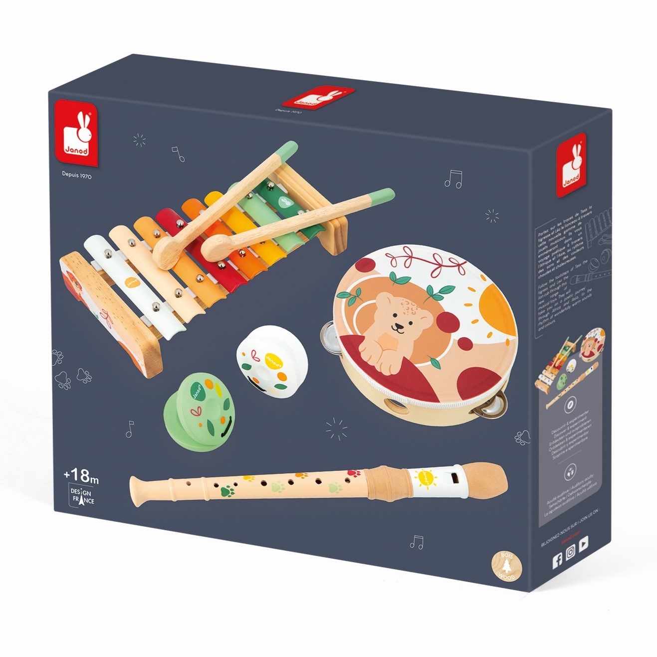 Игрушка музыкальная Janod металлофон, бубен, флейта, кастаньеты - фото 9