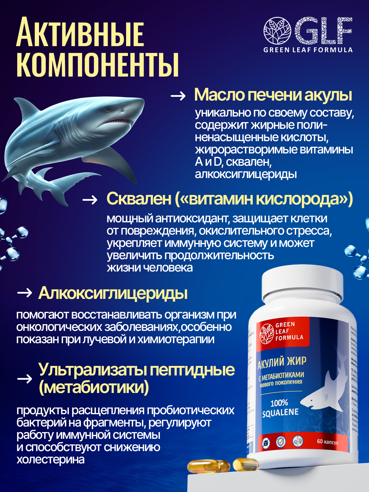 Масло печени акулы Green Leaf Formula сквален акулий с метабиотиками нового поколения для иммунитета 60 капсул - фото 4