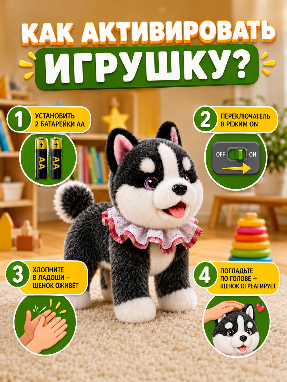 Мягкая игрушка FAVORITSTAR DESIGN Интерактивный щенок хаски - фото 6