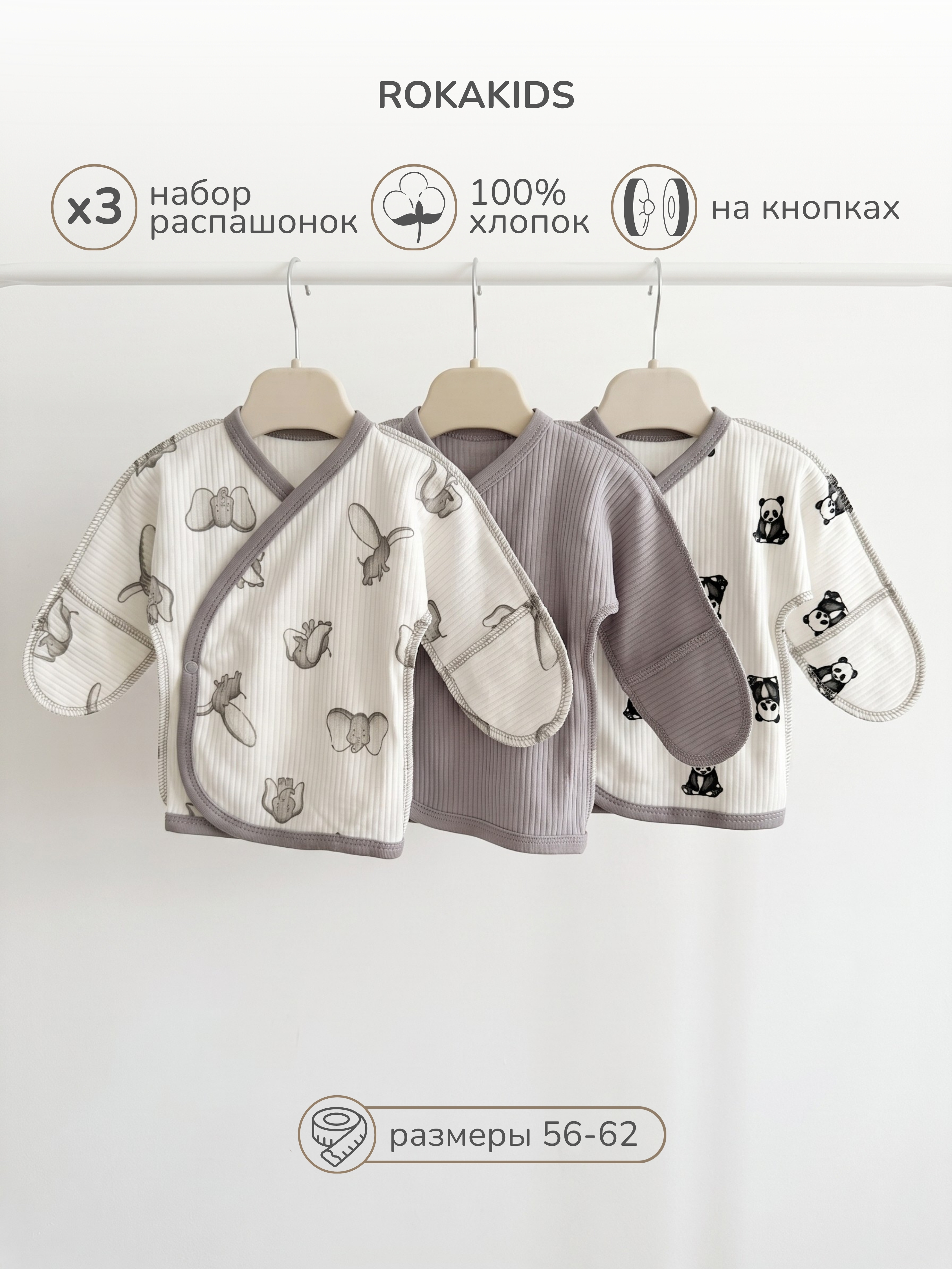 Распашонка 3 шт ROKAKIDS 3_РЦККИрП_Слоники_Панды_Серый - фото 2