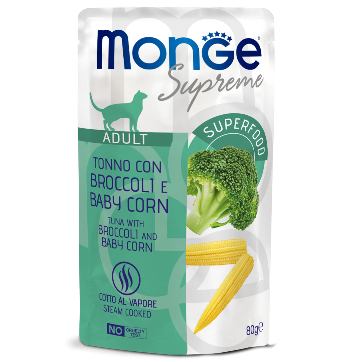 Корм для кошек Monge 80г Supreme adult cat тунец с брокколи и мини-кукурузой пауч - фото 2