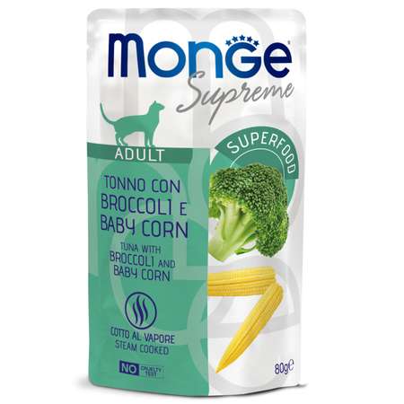 Корм для кошек Monge 80г Supreme adult cat тунец с брокколи и мини-кукурузой пауч