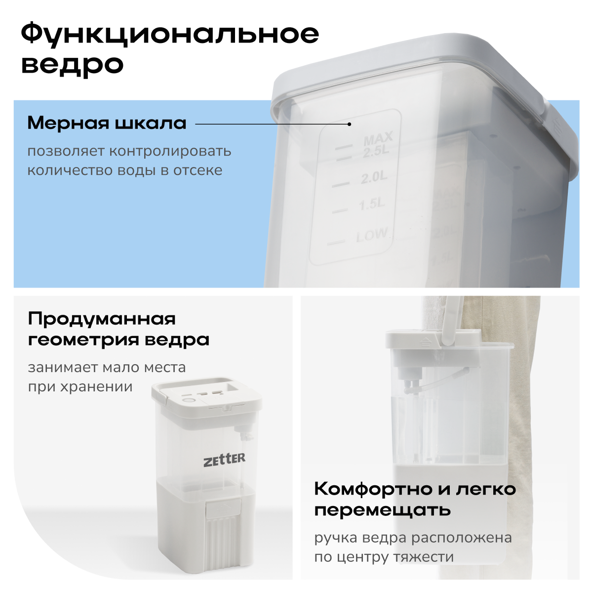Швабра с отжимом и ведром Zetter AquaSplit Auto - фото 6