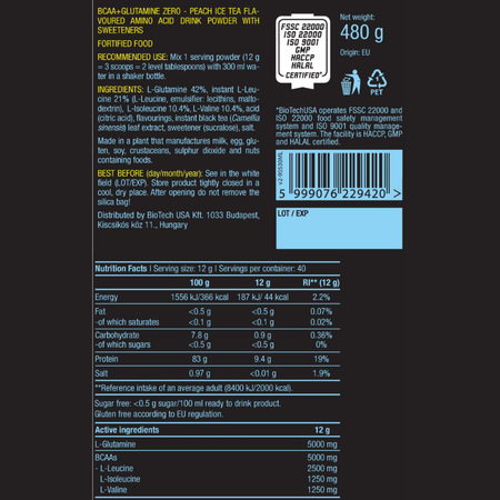 БЦАА BiotechUSA BCAA+Glutamine Zero 480 г. Персиковый ледяной чай