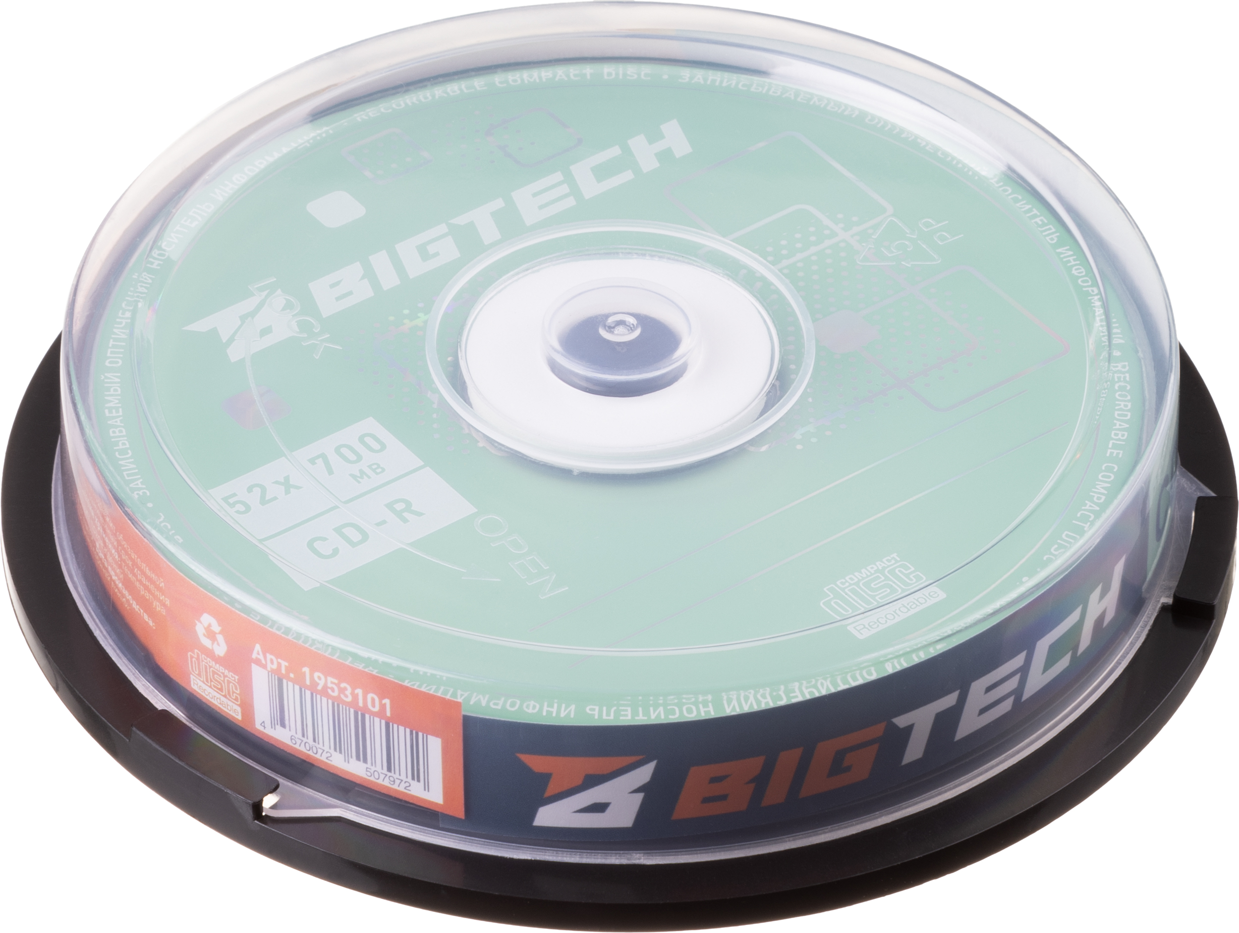 Носители информации Bigtech YCDRB004 CD-R 700 МБ/52х/10шт/уп cake box - фото 1