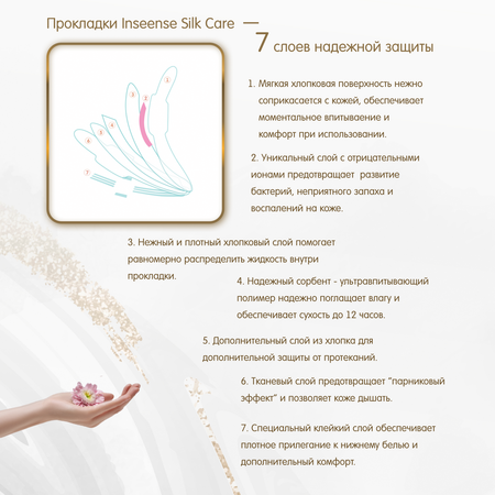 Прокладки гигиенические INSEENSE ночные послеродовые в роддом Silk Care 7 капель 350 мм 8 шт