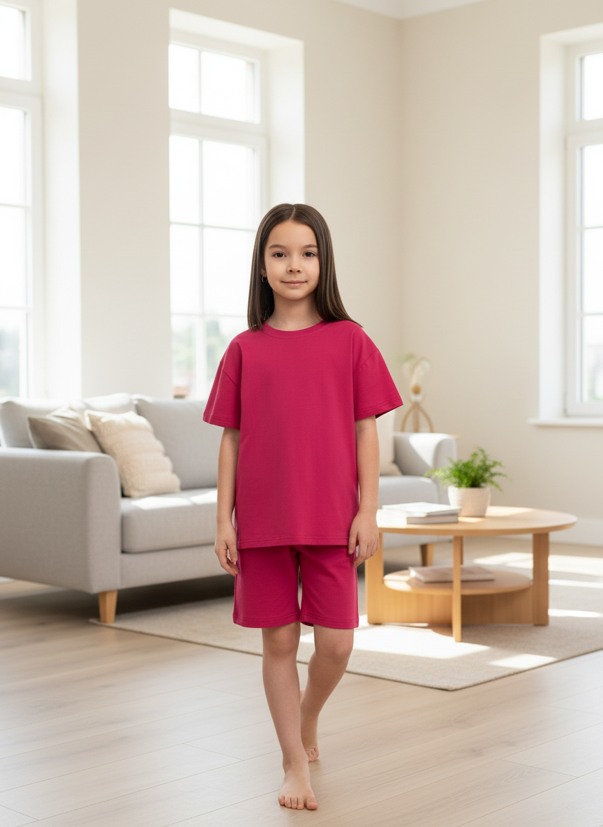 Изображение товара Летний детский костюм для девочки футболка и шорты Утенок 152 фуксия