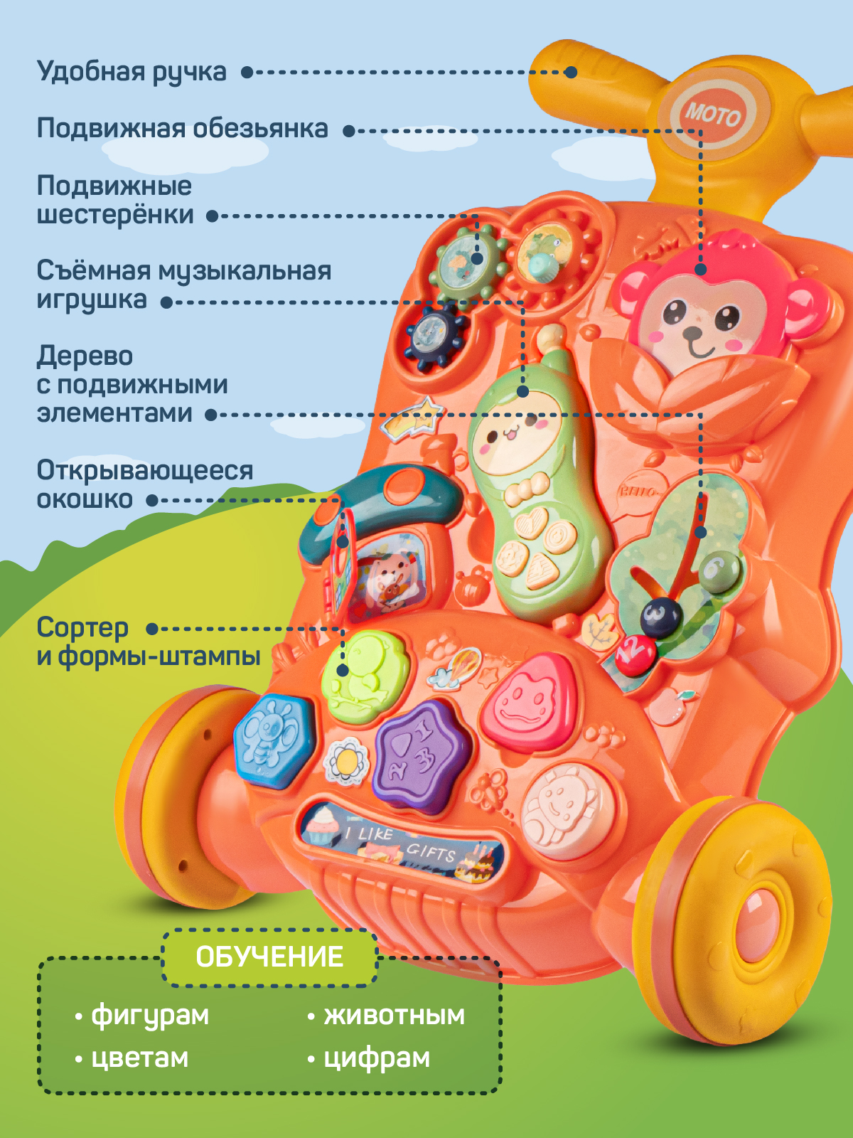 Ходунки Smart Baby Музыкальный бизиборд 3 в 1 оранжевый - фото 4