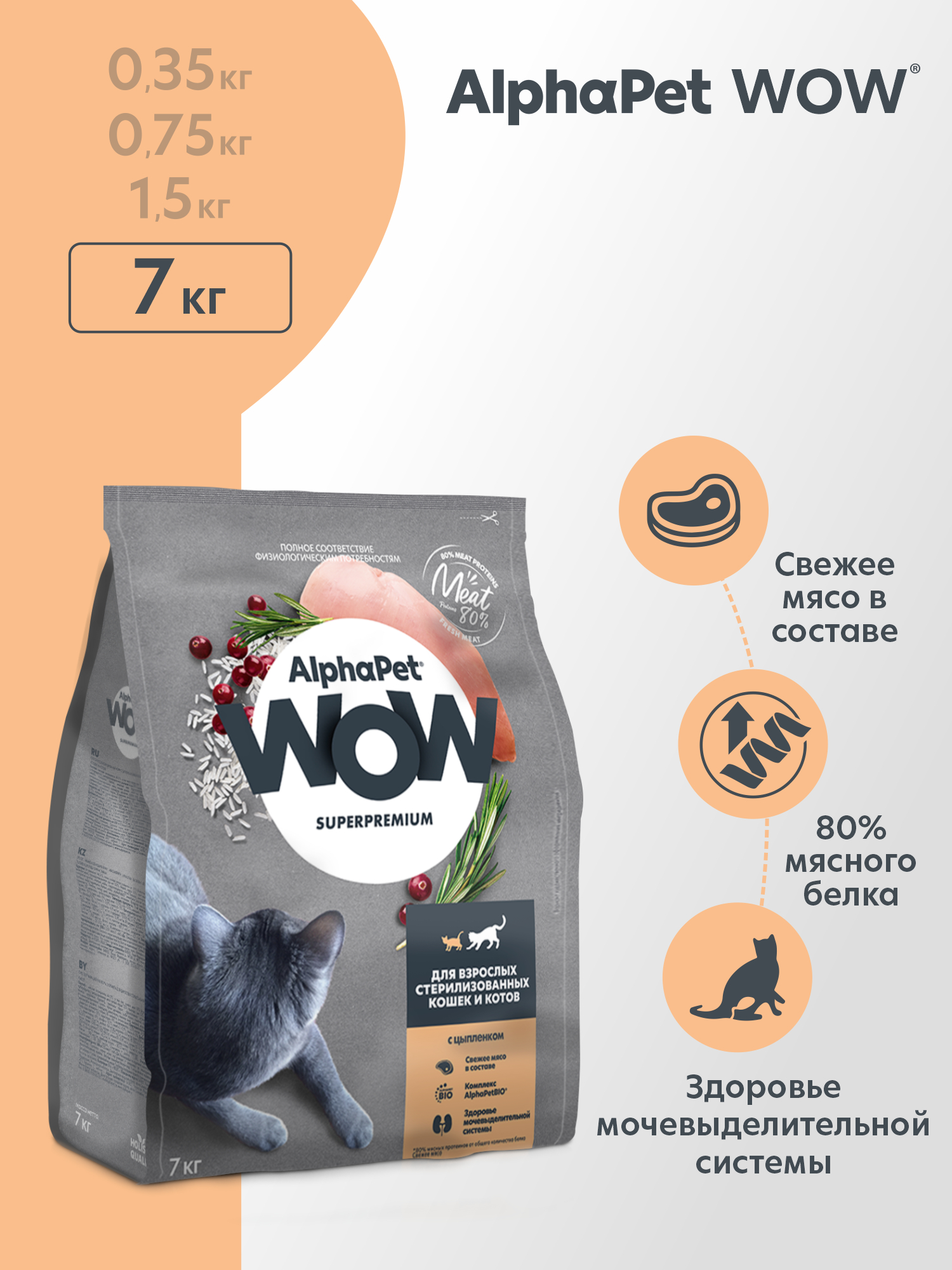 Сухой полнорационный корм холистик AlphaPet c цыпленком для взрослых стерилизованных кошек и котов 7 кг - фото 1