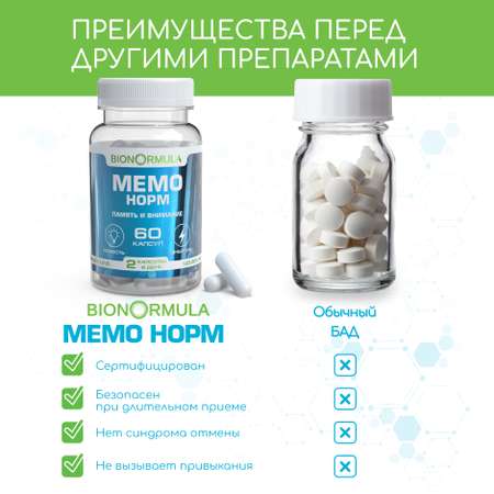 Витаминный комплекс Bionormula Мемо Норм для улучшения работы мозга Памяти Внимания 60 капсул