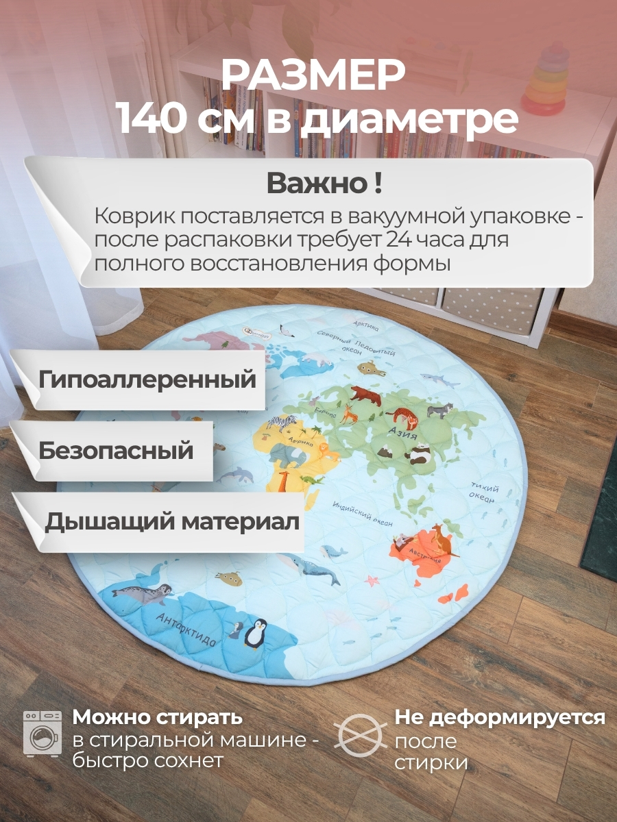 Детский складной коврик LampStory Картам мира шар 140 x 140 см - фото 2