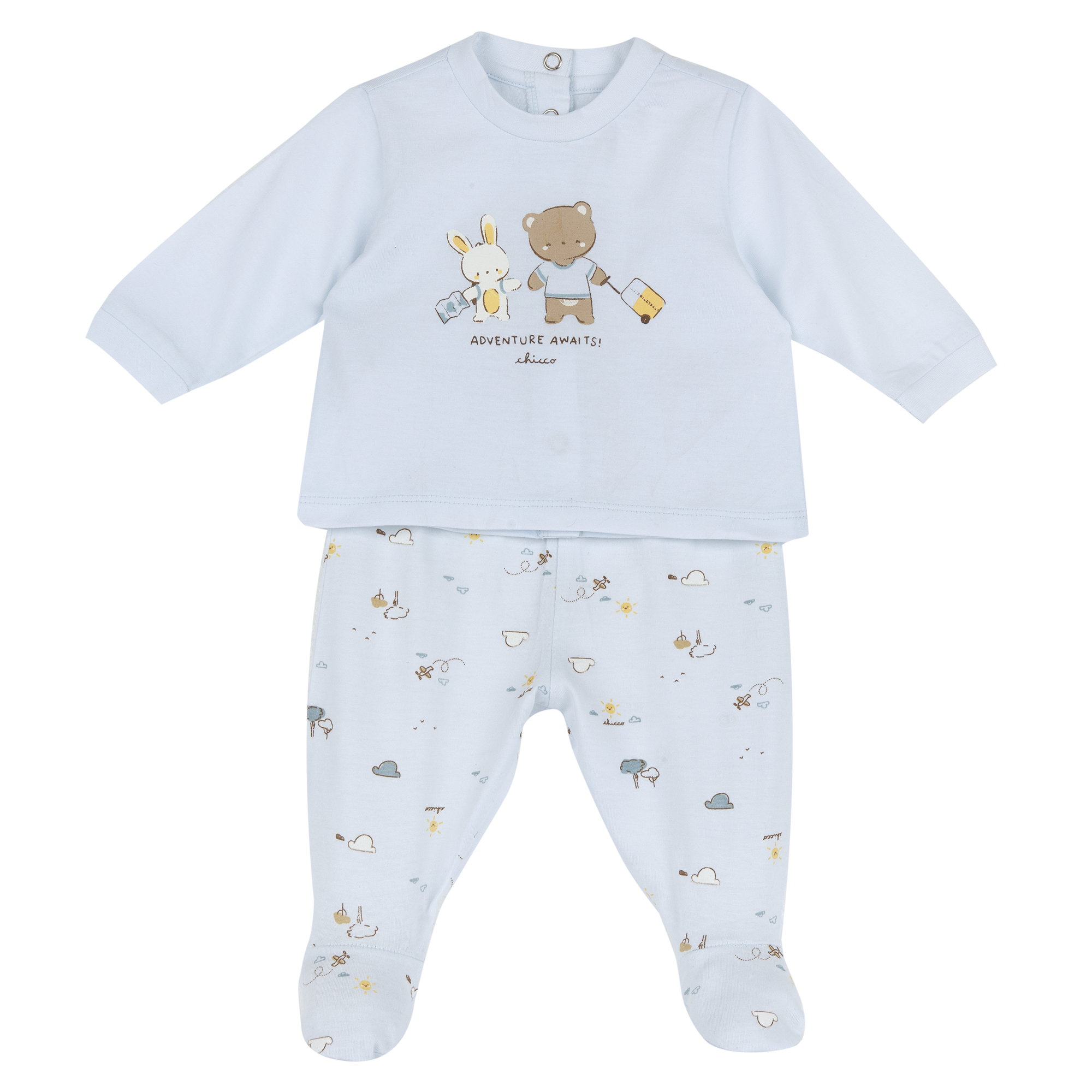 Изображение товара Костюм Chicco для мальчика хлопковый джерси голубой с принтом Изображение товара Костюм Chicco для мальчика хлопковый джерси голубой с принтом