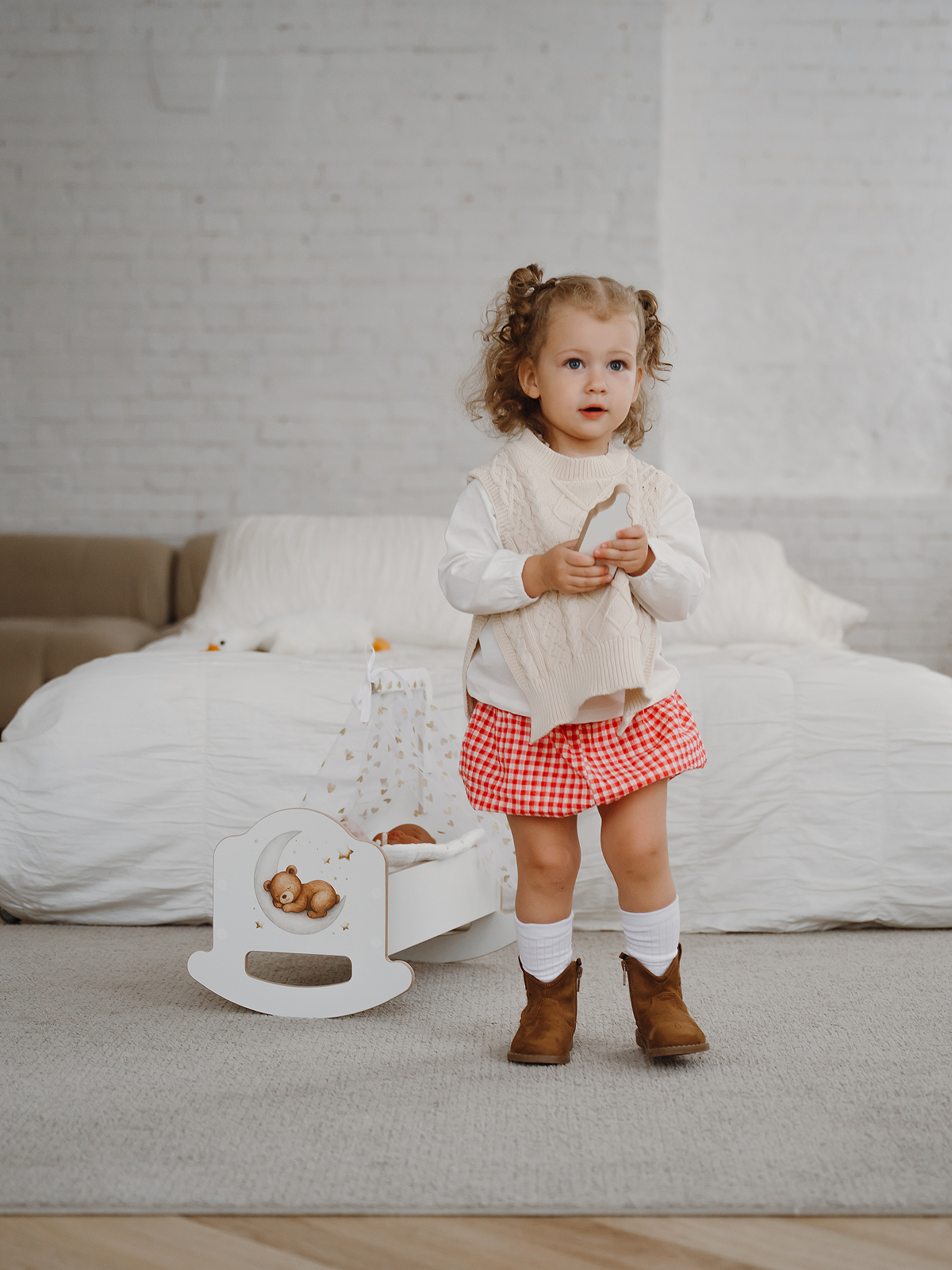 Аксессуар для кукол Pema kids кровать, бутылочка, люлька 475683 Кроватка 45см с балдахином Белый/Принт ЛМДФ - фото 12