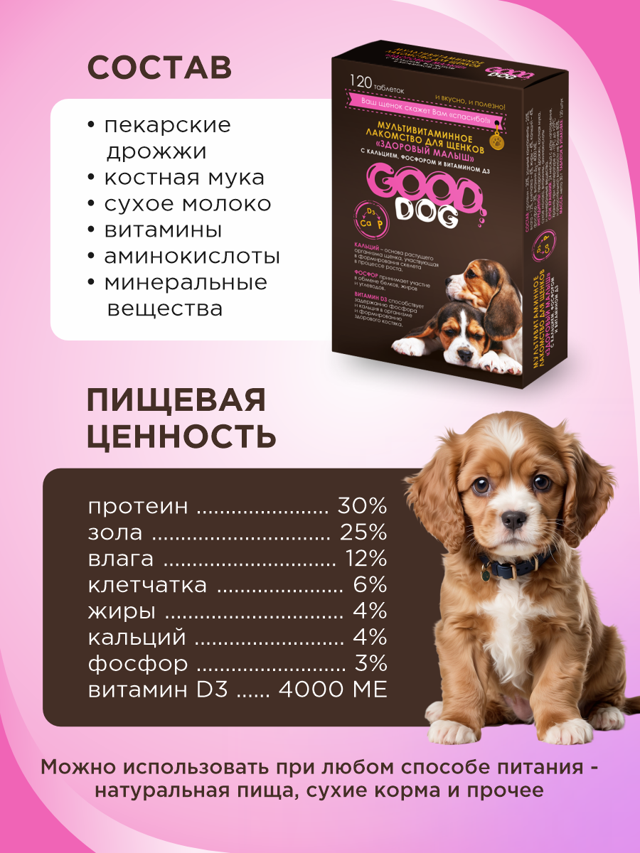 Полезное лакомство для щенков GOODR DOG Здоровый малыш 120 таблеток - фото 5