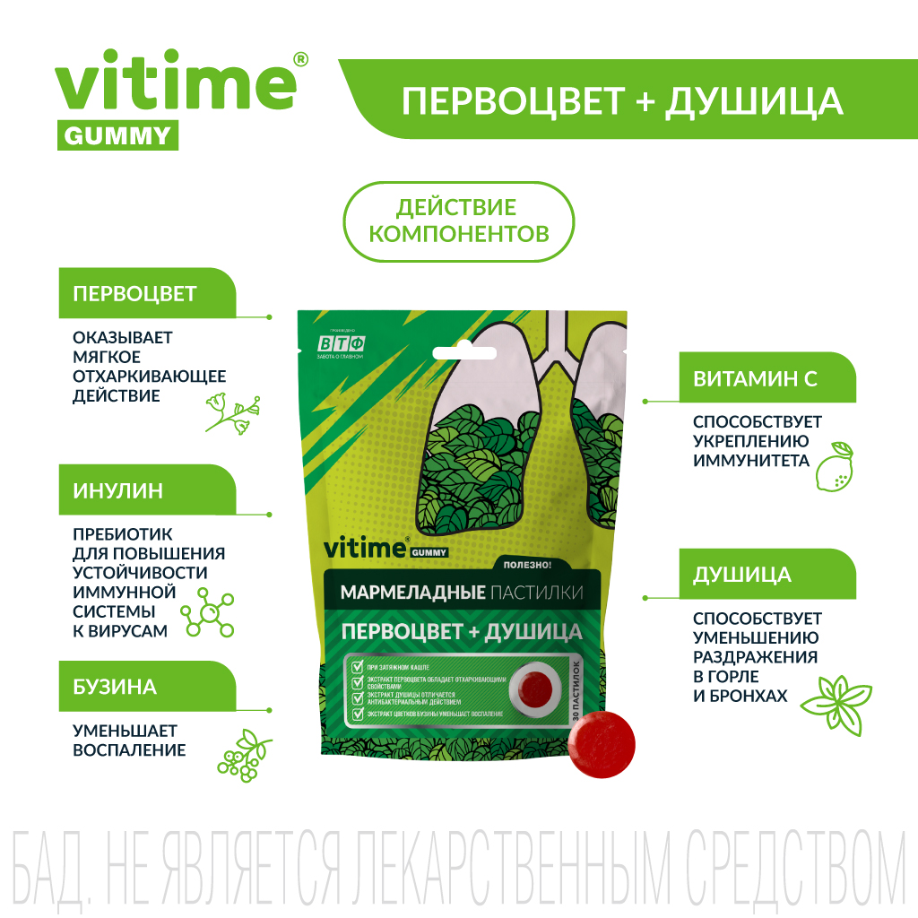 VITime Мармеладные пастилки от кашля Vitime Первоцвет + Душица при затяжном кашле для взрослых, 30 шт. по 3 - фото 2