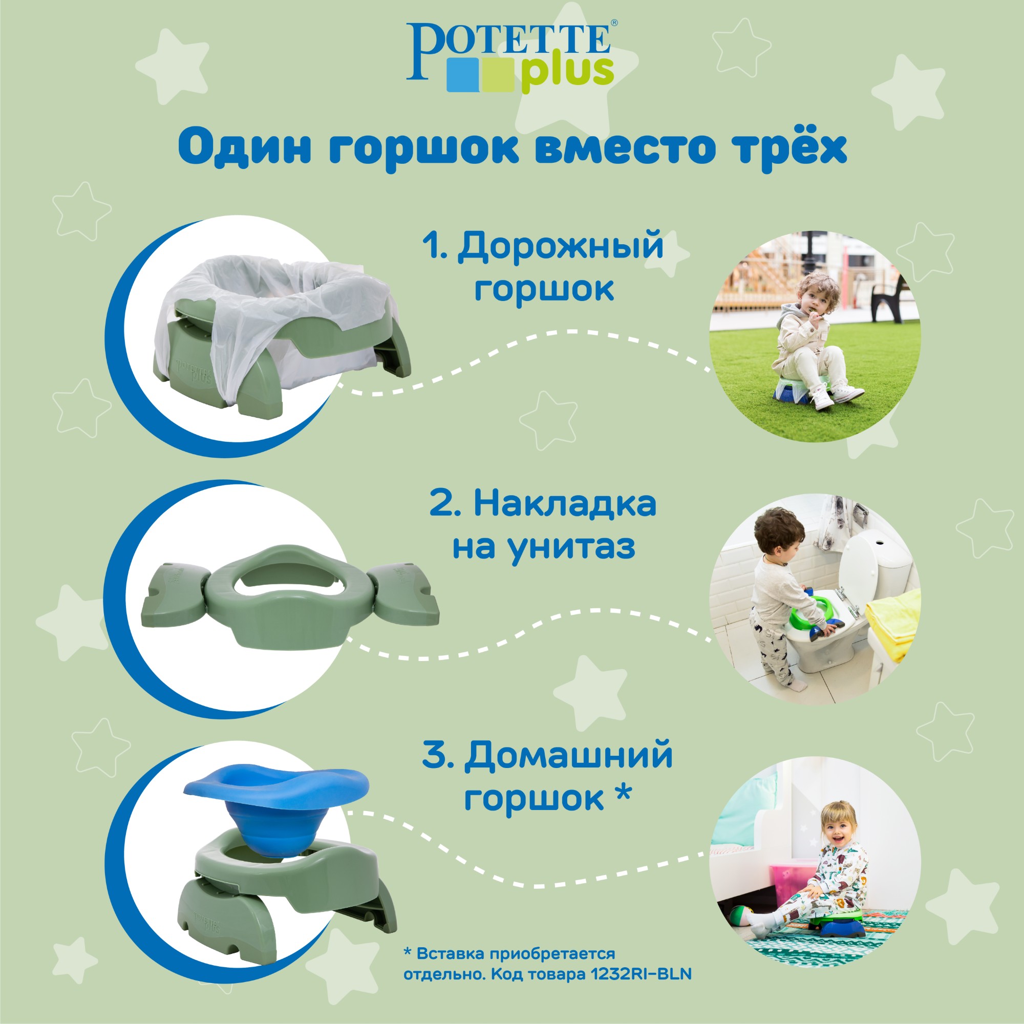 Дорожный горшок Potette Plus складной + 3 одноразовых пакета оливковый - фото 2