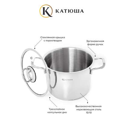 Кастрюля Катюша нержавеющая сталь 3.3 л 18х14 см Марта стеклянная крышка