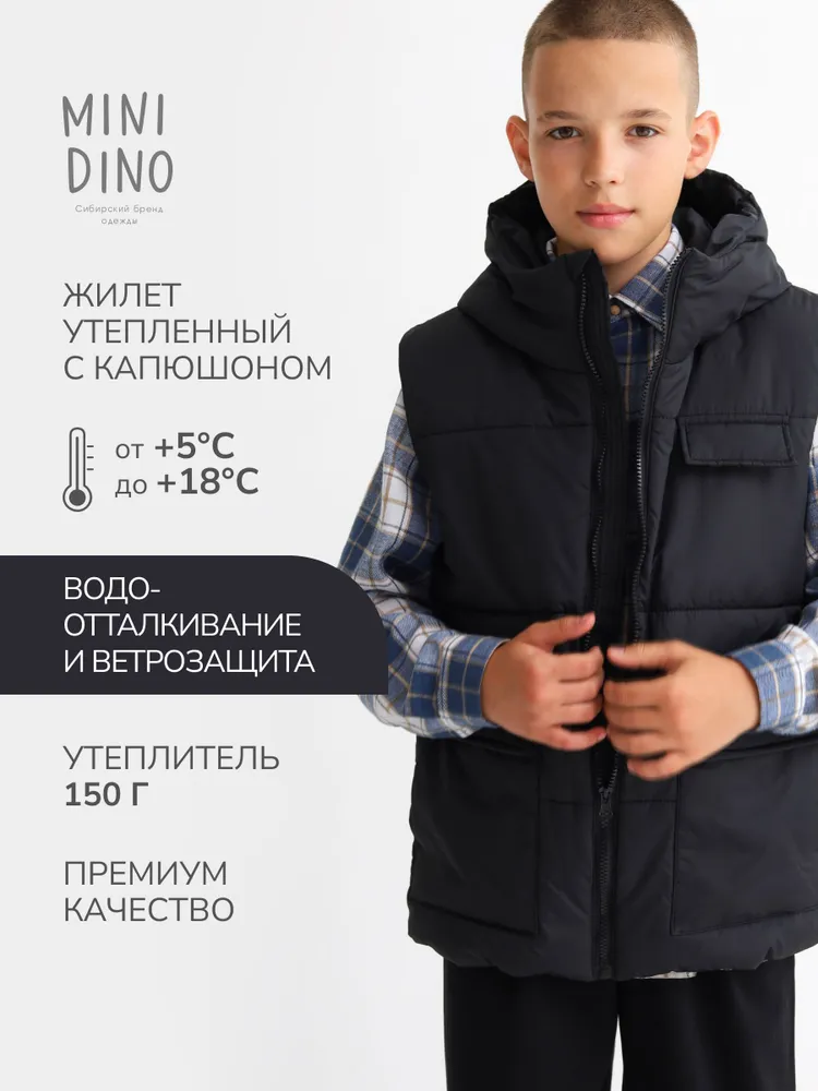 Жилет MINIDINO В-Ж-006Жилет с капюшоном утепленный черный - фото 2