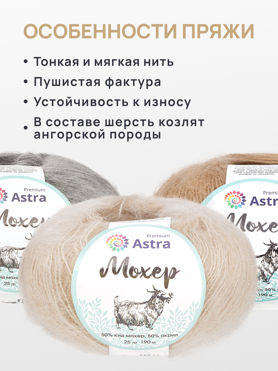 Пряжа Astra Premium Мохер Mohair полушерстяная с ворсом 25 г 190 м 17 светлый беж 4 мотка - фото 3