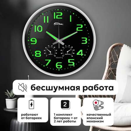 Часы настенные светящиеся с термометром CASTLELADY и гигрометром бесшумные круглые белые