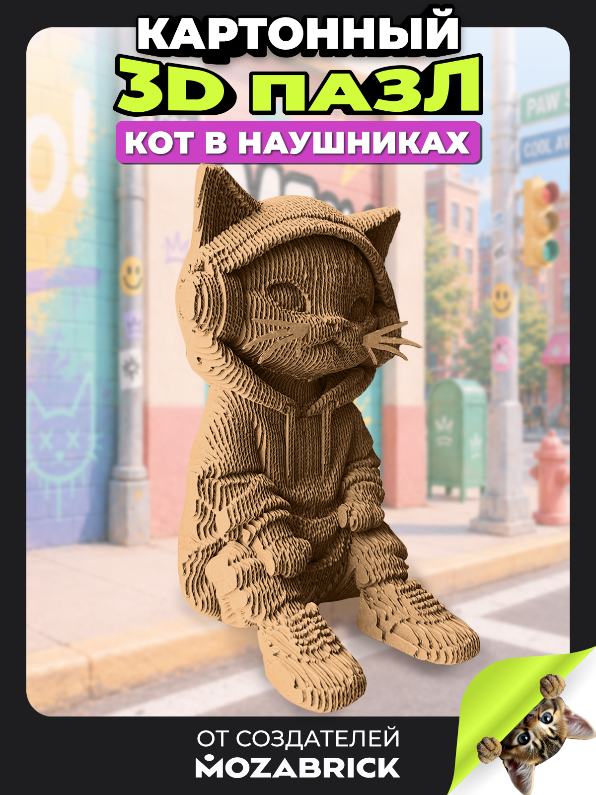 Пазл QBRIX Кот в наушниках 3D - фото 1